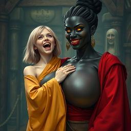 In a medieval hall, a young malnourished blonde woman, 19 years old, joyfully screaming with bright blue eyes and medium-length hair, dressed in a long, fully closed noble Buddhist robe