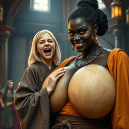 In a medieval hall, a young malnourished blonde woman, 19 years old, joyfully screaming with bright blue eyes and medium-length hair, dressed in a long, fully closed noble Buddhist robe