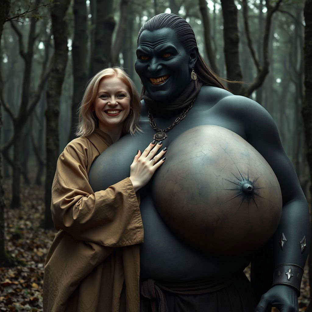 In a haunted medieval forest, a very happy 19-year-old blonde woman with medium-length hair, wearing a closed long noble Buddhist robe