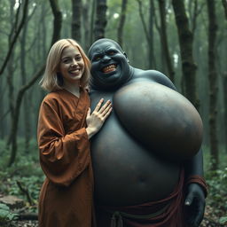 In a haunted medieval forest, a very happy 19-year-old blonde woman with medium-length hair, wearing a closed long noble Buddhist robe