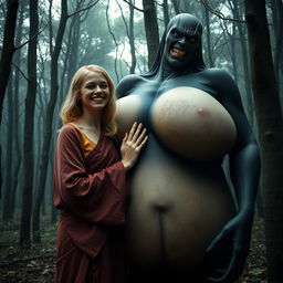 In a haunted medieval forest, a very happy 19-year-old blonde woman with medium-length hair, wearing a closed long noble Buddhist robe