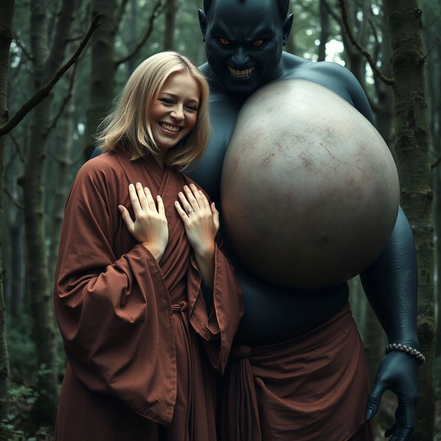 In a haunted medieval forest, a very happy 19-year-old blonde woman with medium-length hair, wearing a closed long noble Buddhist robe