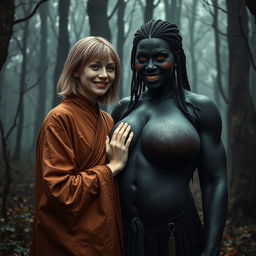 In a haunted medieval forest, a very happy 19-year-old blonde woman with medium-length hair and a malnourished appearance, wearing a long, fully closed noble Buddhist robe