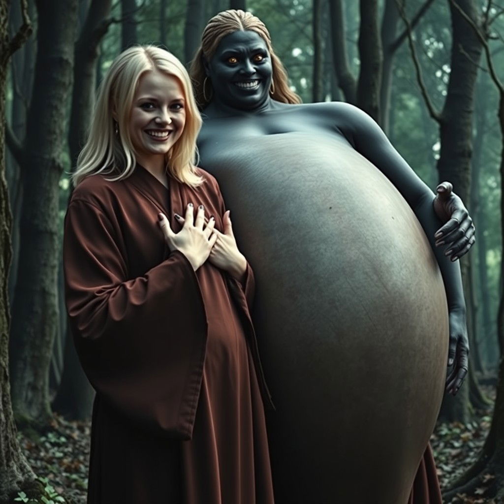 In a haunted medieval forest, a very happy 19-year-old blonde woman with medium-length hair, wearing a long, fully closed noble Buddhist robe