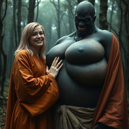 In a haunted medieval forest, a very happy 19-year-old blonde woman with medium-length hair, wearing a long, fully closed noble Buddhist robe