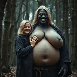 In a haunted medieval forest, a very happy 19-year-old blonde woman with medium-length hair, wearing a long, fully closed noble Buddhist robe