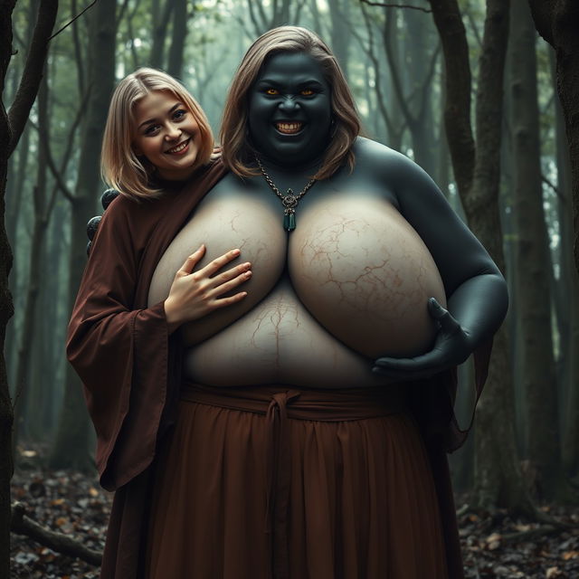 In a haunted medieval forest, a very happy 19-year-old blonde woman with medium-length hair, wearing a long, fully closed noble Buddhist robe