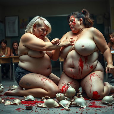 A gripping scene showcasing two heavyweight women, both around 80kg and 47 years old, locked in a fierce physical fight within a chaotic classroom setting