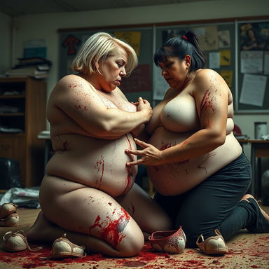 A gripping scene showcasing two heavyweight women, both around 80kg and 47 years old, locked in a fierce physical fight within a chaotic classroom setting