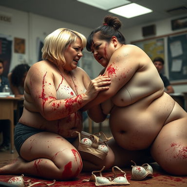 A gripping scene showcasing two heavyweight women, both around 80kg and 47 years old, locked in a fierce physical fight within a chaotic classroom setting