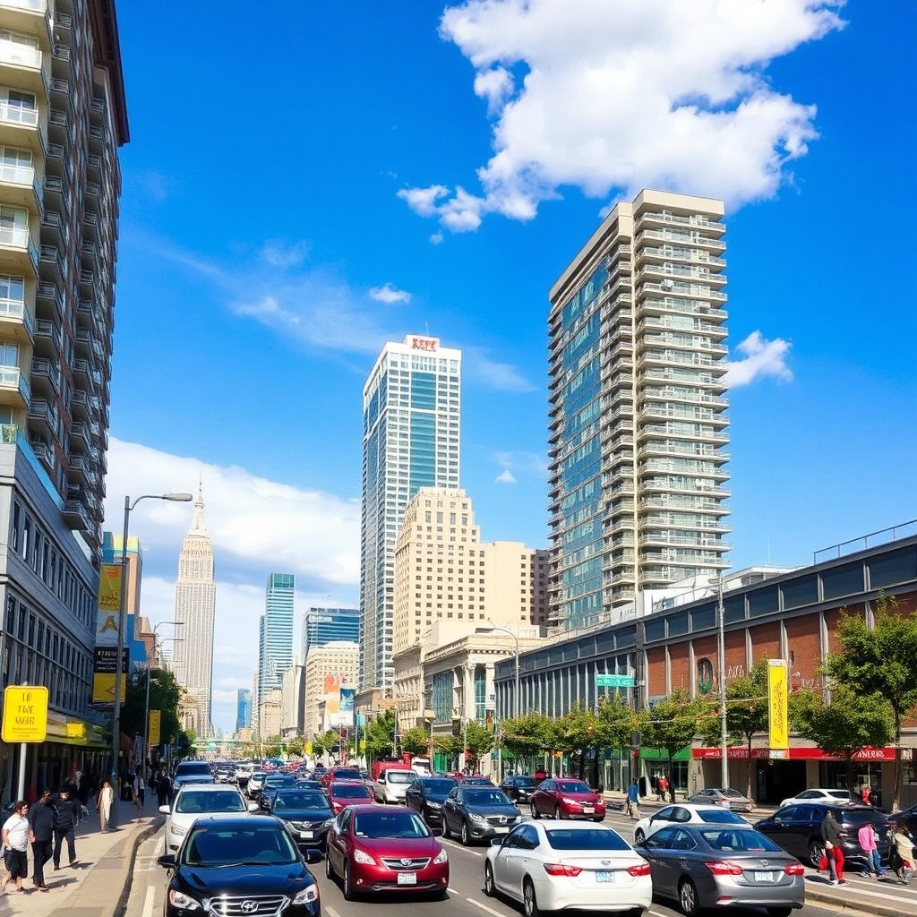 A vibrant cityscape featuring tall multi-story buildings, bustling streets filled with various cars, a clear blue sky above, and lively pedestrians walking on the sidewalks