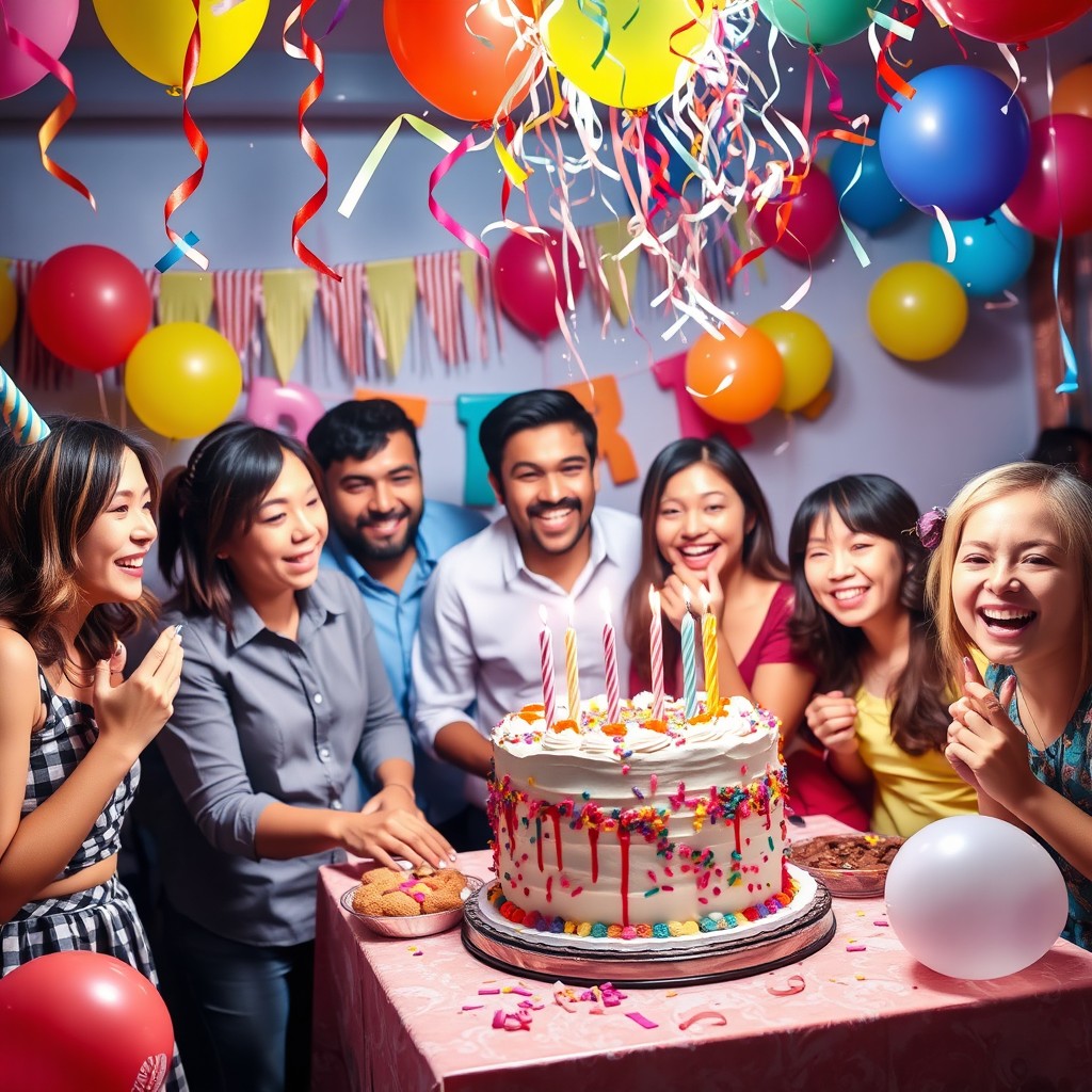 A vibrant birthday celebration scene with colorful balloons, a beautifully decorated cake, and a table filled with treats