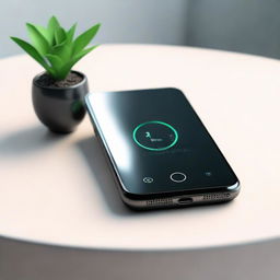 A sleek, modern smartphone on a minimalistic table, displaying an incoming call on the brightly lit screen. The details of the phone's interface and the background should be crisply represented.