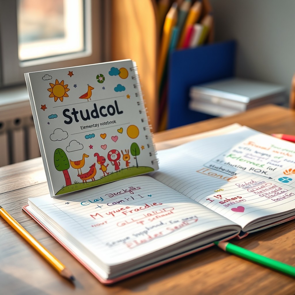 A beautifully designed student notebook for elementary school showing a colorful cover with fun illustrations of cartoon animals, clouds, and trees