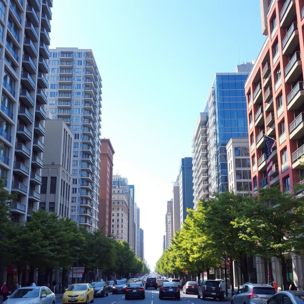 A vibrant cityscape featuring tall multi-story buildings, bustling streets filled with various cars, and lush green trees lining the sidewalks