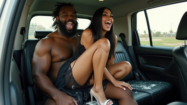 Inside a car, a curvaceous Mexican woman with fair skin and long, straight black hair is positioned on the backseat, squatting above a large, muscular Black man in a thong