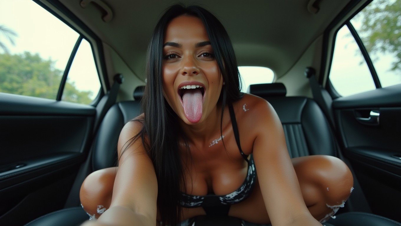 In the backseat of a car, a voluptuous Mexican woman with fair skin and long, straight black hair is elegantly posed