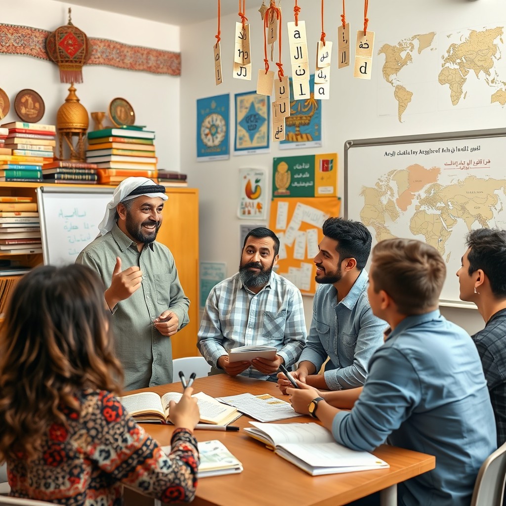 An educational scene featuring Arabic language guidance materials and tools