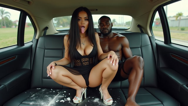 In the backseat of a car, a fair-skinned, voluptuous Mexican woman with long, straight black hair and thick legs is posed in a playful manner