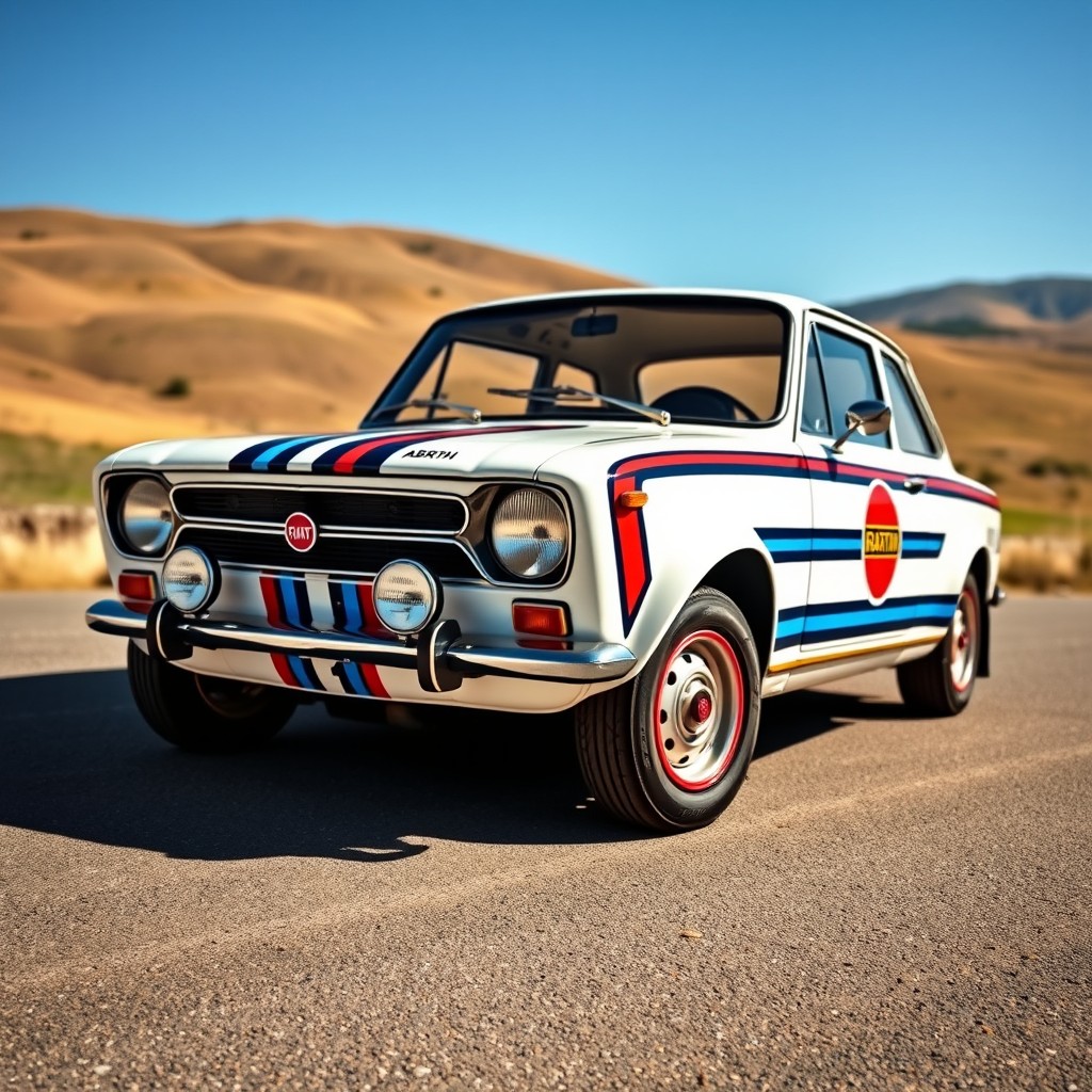 A stunning Fiat 131 Abarth, decorated in the classic Martini Racing livery, showcasing the iconic blue, red, and white stripes on a pristine white body