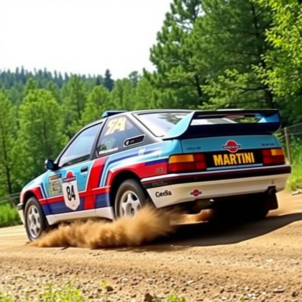 A vibrant and dynamic Peugeot 306 Maxi, adorned in the classic Martini Racing colors, featuring bold blue, red, and white graphics prominently displayed on its sleek body