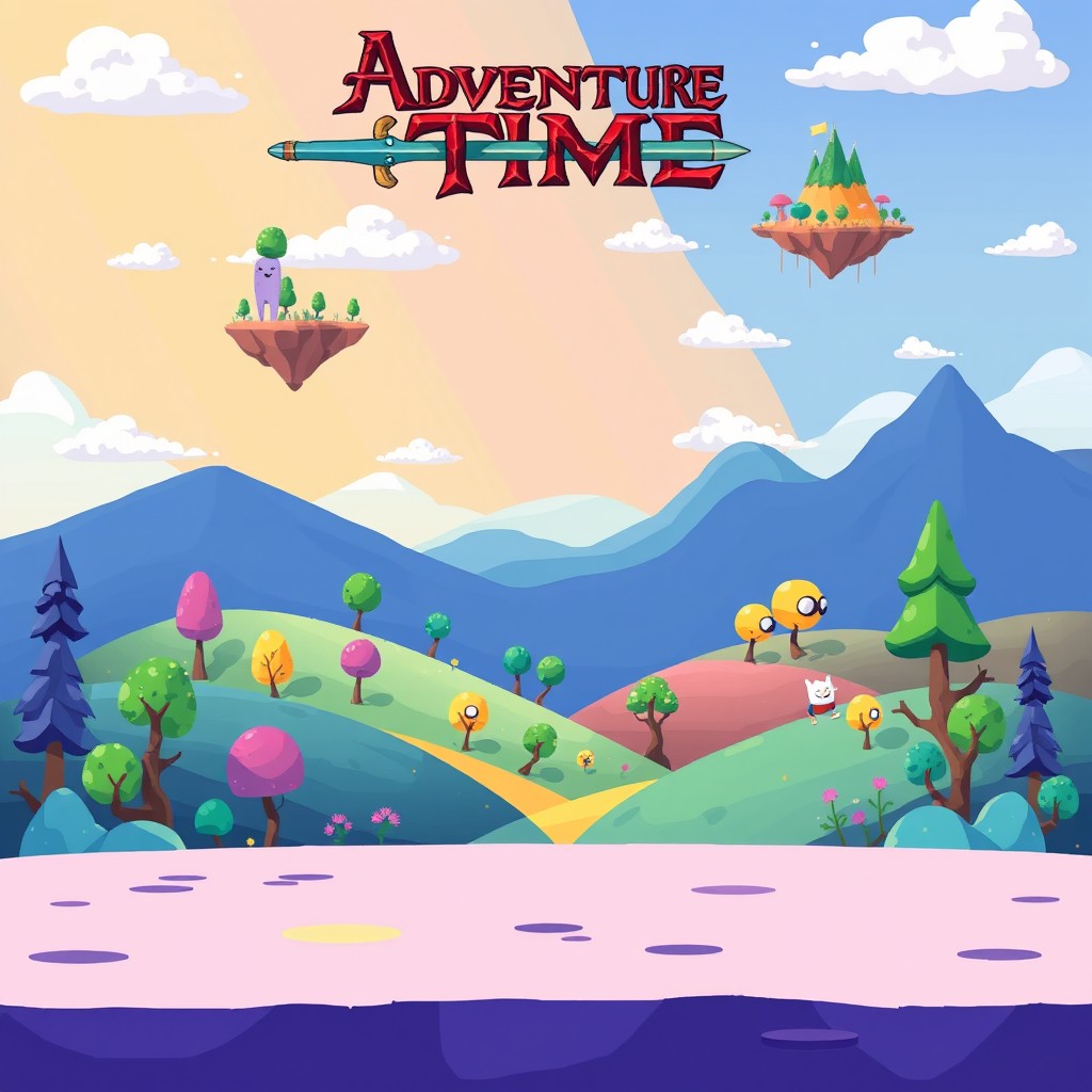 A vibrant pixel art background inspired by the animated series 'Adventure Time', featuring a smooth, flat ground without any platforms