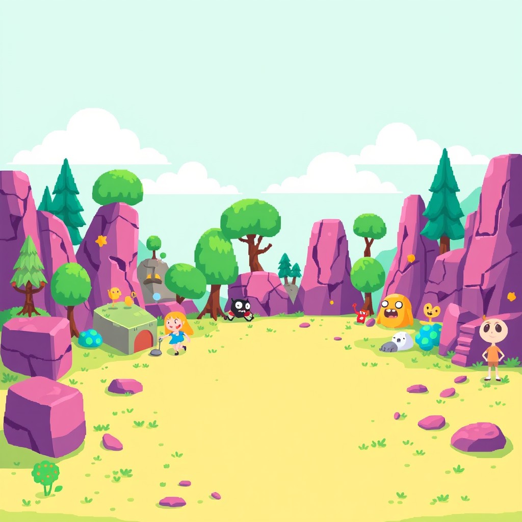 A vibrant pixel art background inspired by the animated series 'Adventure Time', featuring a smooth, flat ground without any platforms