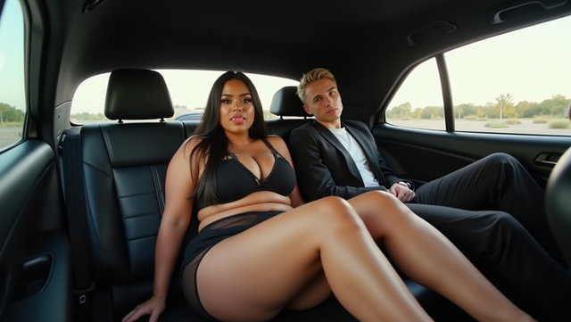 In the backseat of a car, a voluptuous Mexican woman with fair skin, long straight black hair, thick legs, and very wide hips is elegantly posed