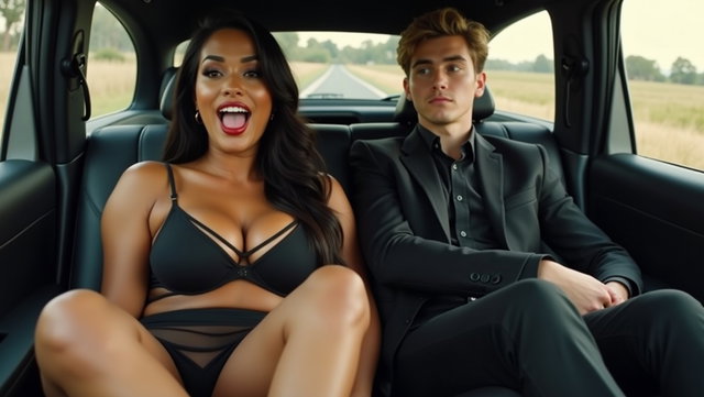 In a stylish car interior, a medium-complexioned, voluptuous Mexican woman with long, straight black hair and thick legs exudes confidence