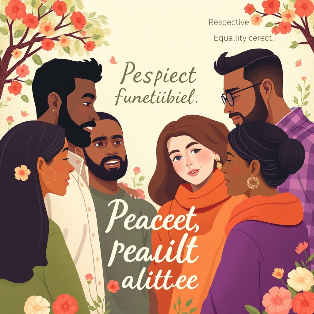 A visually striking illustration depicting the necessity of peaceful conflict resolution, featuring a diverse group of men and women engaged in a constructive dialogue