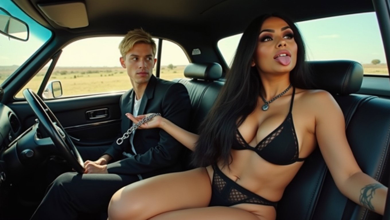 In a stylized car interior, a medium-built, voluptuous Mexican woman with fair skin and long, straight black hair confidently embraces her bold look