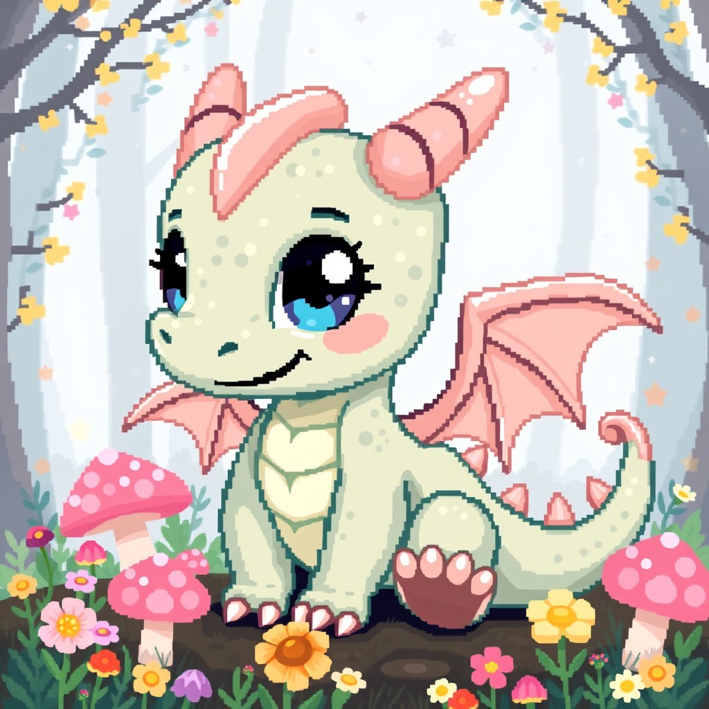 A pixel art style illustration of a cute baby dragon, featuring big sparkling eyes, soft scales in pastel colors like light green and pink, tiny wings, and a playful expression
