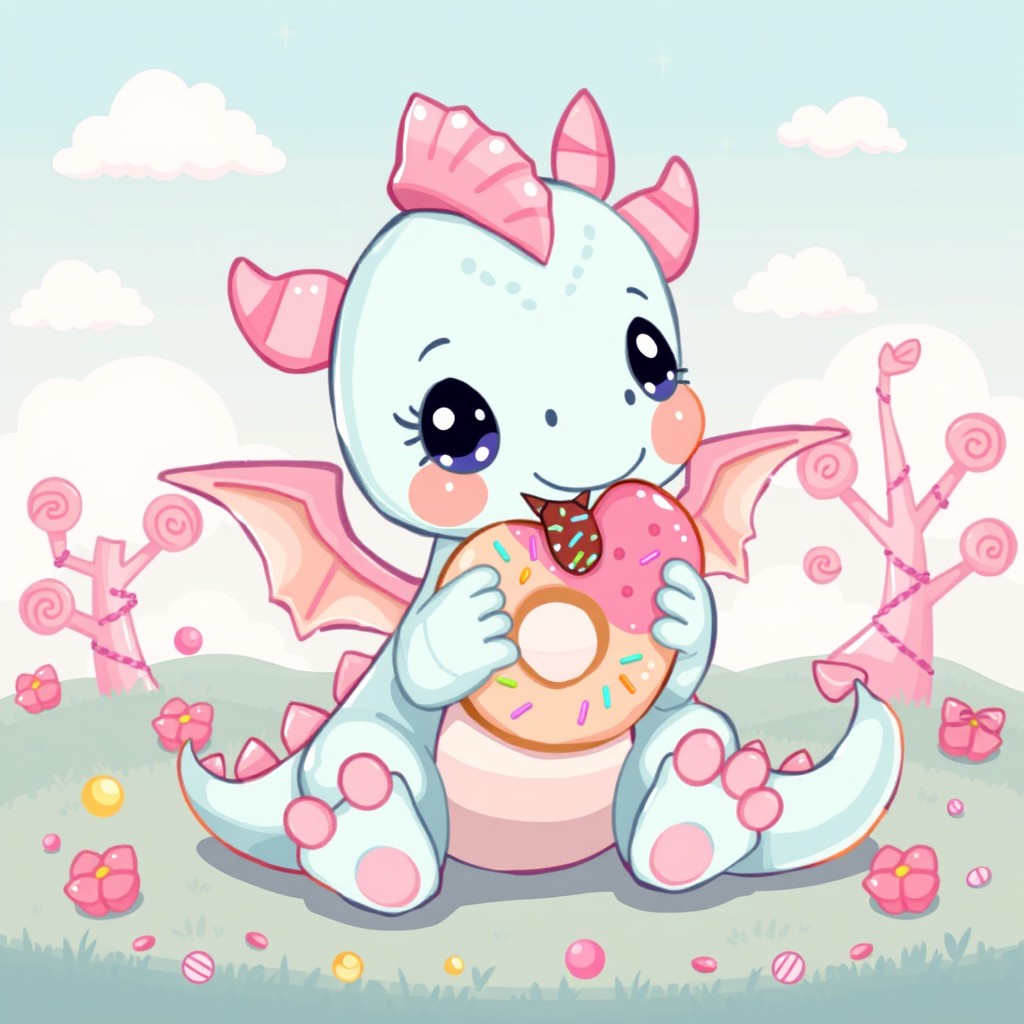 A pixel art style illustration of a cute baby dragon, featuring big sparkling eyes, soft scales in pastel colors like light blue and pink, tiny wings, and a playful expression