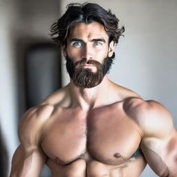 A handsome, tall and muscular man with dark blue eyes, pale skin and wavy black hair. He has a full, well-groomed beard, adding to his attractive persona.