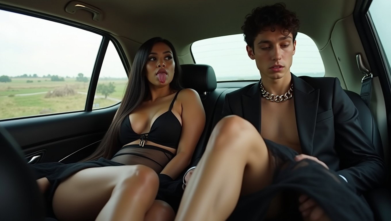 In the back seat of a car, a voluptuous Mexican woman with fair skin and a medium build is elegantly positioned