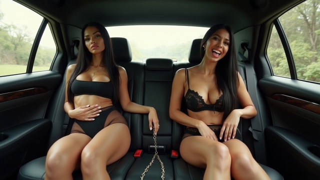 In the backseat of a car, a fair-skinned Mexican woman of medium build with a voluptuous figure and long, straight black hair poses confidently