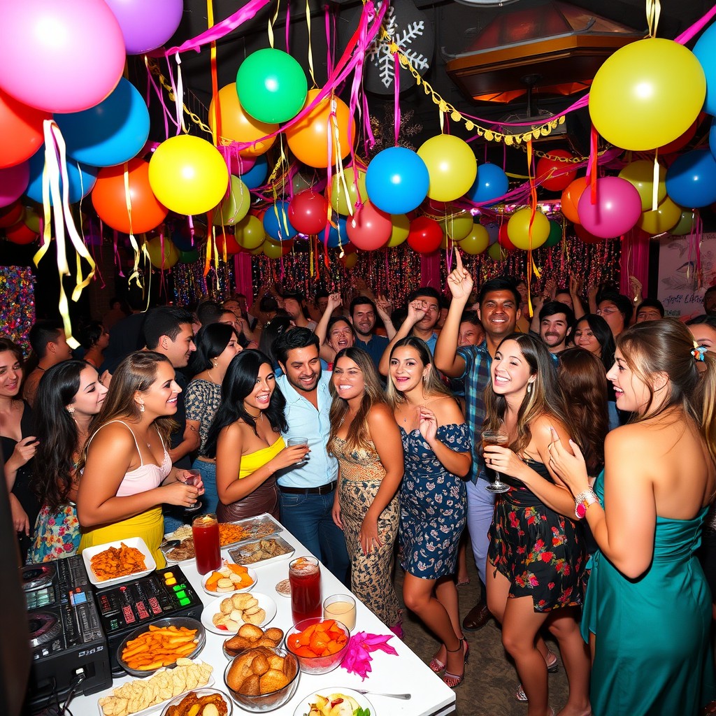 A vibrant and festive party scene with people dancing and laughing, colorful balloons and streamers hanging from the ceiling, a table filled with delicious snacks and drinks, fairy lights twinkling in the background, everyone dressed in stylish party outfits