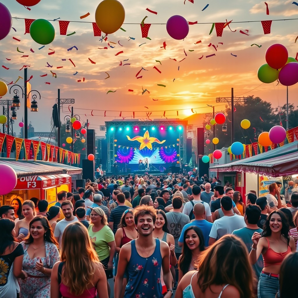 A vibrant festival scene filled with colorful decorations, bright lights, and joyful people celebrating together