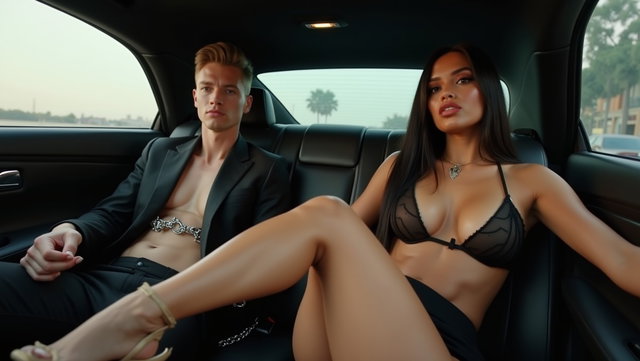 In the backseat of a sleek car, a medium-complexioned Mexican woman with a voluptuous figure captures attention