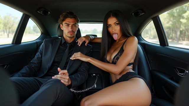 Inside a stylish car, a medium-complexioned, voluptuous Mexican woman with long, straight black hair and thick legs confidently poses