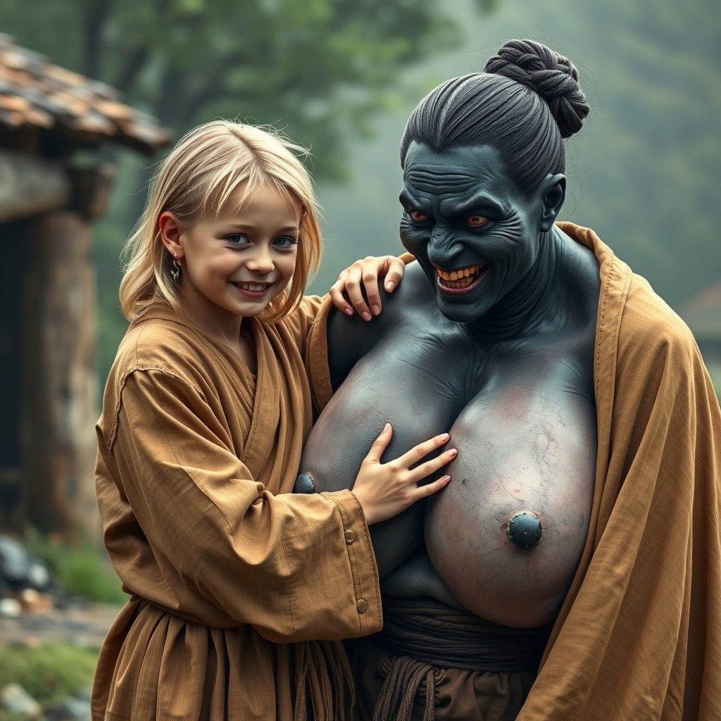 In a poor, haunted medieval village, a joyful 19-year-old malnourished blonde girl with medium-length hair is dressed in a long, closed noble Buddhist robe