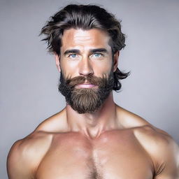 A handsome, tall and muscular man with dark blue eyes, pale skin and wavy black hair. He has a full, well-groomed beard, adding to his attractive persona.