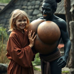 In a poor, haunted medieval village, a joyful 19-year-old malnourished blonde girl with medium-length hair is dressed in a long, closed noble Buddhist robe