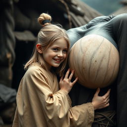 In a poor, haunted medieval village, a joyful 19-year-old malnourished blonde girl with medium-length hair is dressed in a long, closed noble Buddhist robe