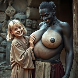 In a poor, haunted medieval village, a joyful 19-year-old malnourished blonde girl with medium-length hair is dressed in a long, closed noble Buddhist robe
