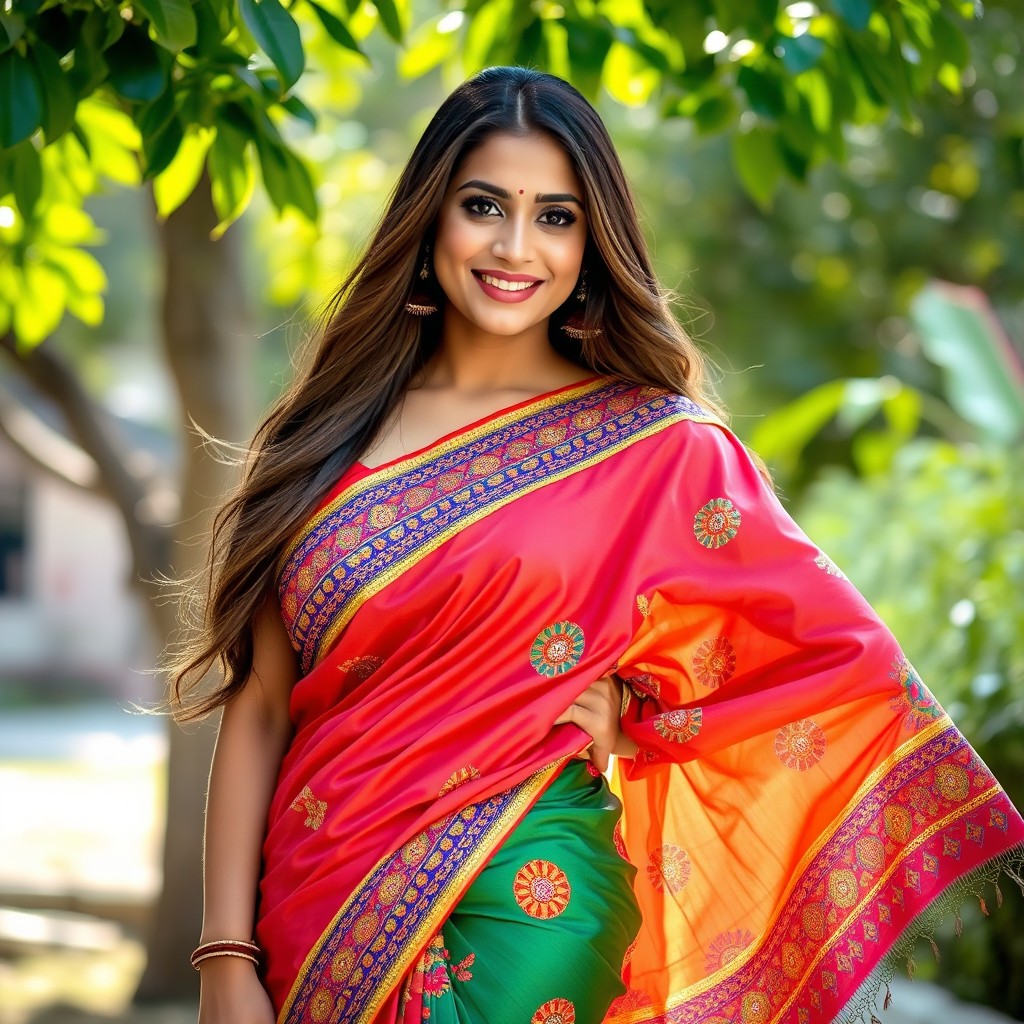 A graceful woman wearing a vibrant, intricately designed saree, draped elegantly around her