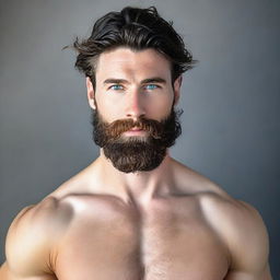 A handsome, tall and muscular man with dark blue eyes, pale skin and wavy black hair. He has a full, well-groomed beard, adding to his attractive persona.