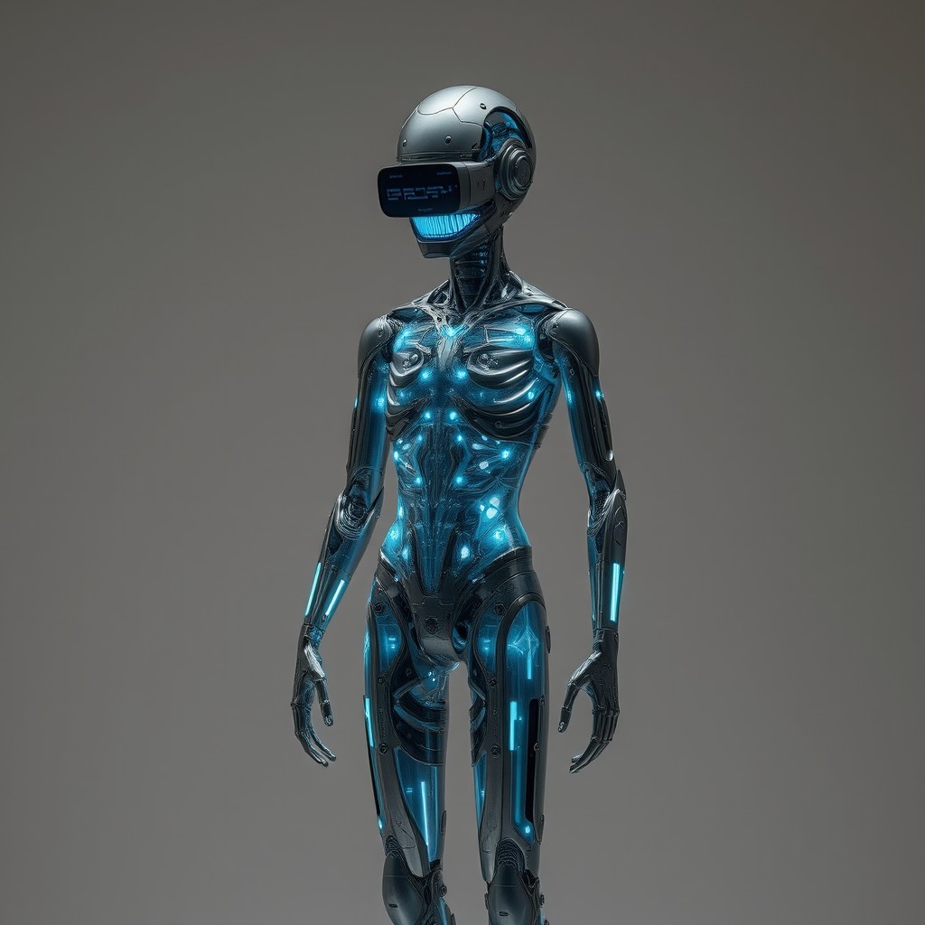 A humanoid being at the center of the image, standing still in an evocative pose as if in anticipation or meditation