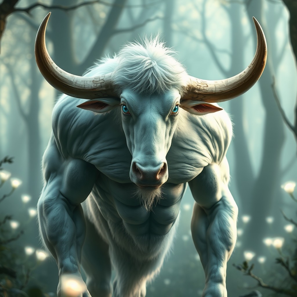 An attractive white minotaur with striking blue eyes, showcasing a powerful and muscular physique