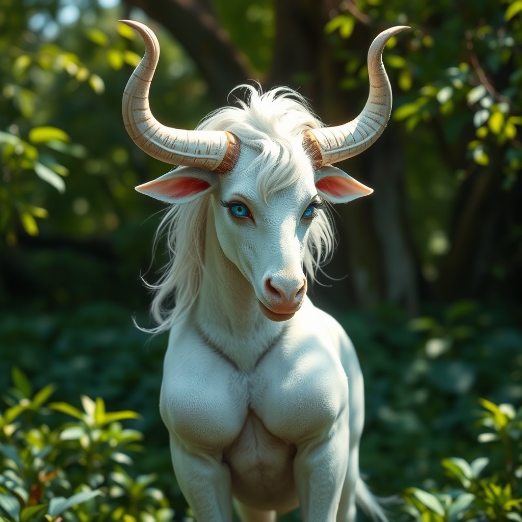 An attractive female minotaur with luxurious white fur and captivating blue eyes, standing gracefully in a lush enchanted forest